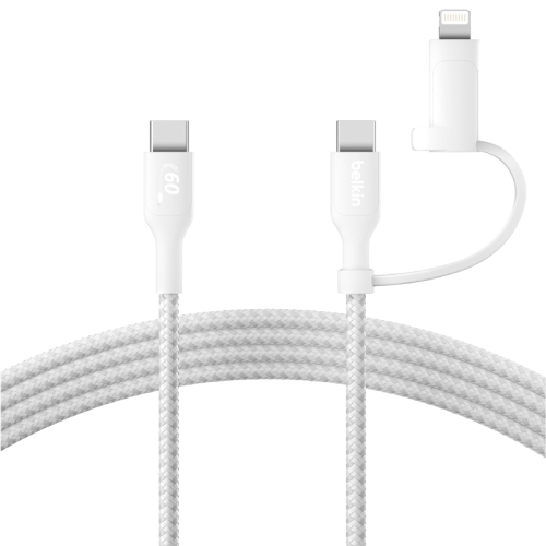 Câble Belkin double connecteurs 2-en-1 USB-C et Lightning - Blanc