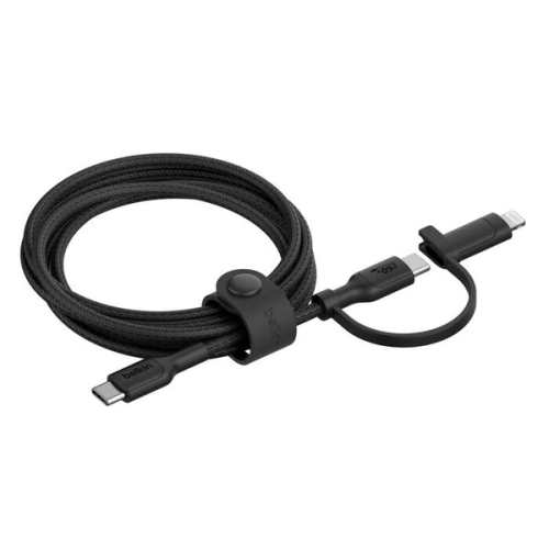 Câble Belkin tressé renforcé 2-en-1 avec connecteurs USB-C et Lightning - Noir