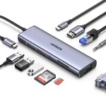 HUB Multifonctionnel 10-In-1 USB-C - 3x USB, HDMI, RJ45, Jack 3.5mm, VGA, TF, SD Card Gris (neuf)